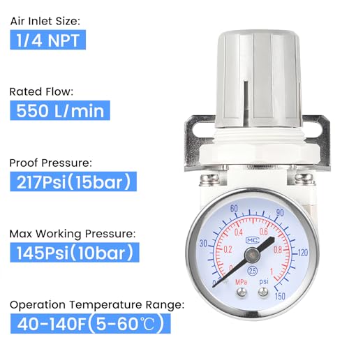 1/4 Inch NPT Air Pressure Regulator with Gauge Mini Air Control Valve for Compressor - color: White, size: 1/4" Air Regulator