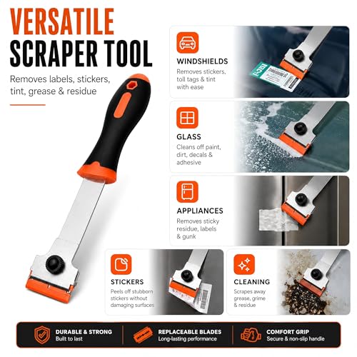 Razor Blade Scraper, Long Handle Scraper Tool with 10 Plastic and 10 Metal Blades - Ideal for Removing Labels, Stickers, Appliance Grease, and More from Windshields, Tint, and Glass (Orange) - color: Orange
