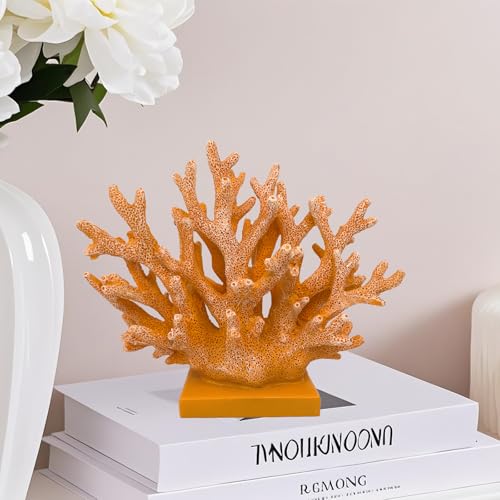 5.8" H Orange Coral Decor - Resin Coral Statue, Nautical Decor for Home, Bedroom, Bathroom, Living Room, Ocean Themed Cabinet Shelf Tabletop Decoration - color: Orange, size: 5.83"H