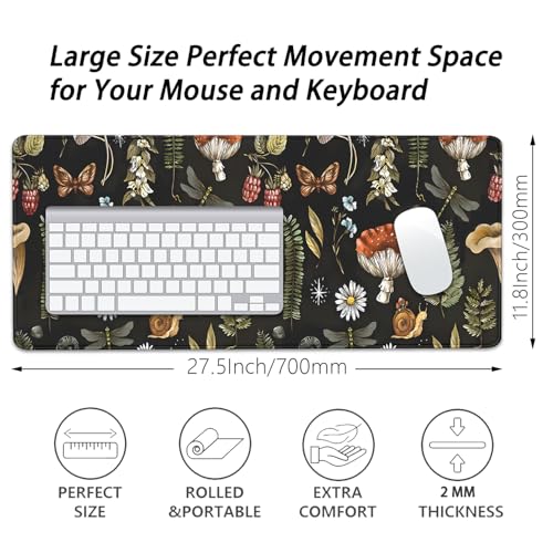 Plant Mushroom Desk Pad Mouse Pad,Large Black Aesthetic Mouse Mat with Stitched Edges,Non-Slip Rubber Base Mousepad for Office PC Keyboard Laptop and Home Work Desk Mat(27.5X11.8 in) - color: Mushroom