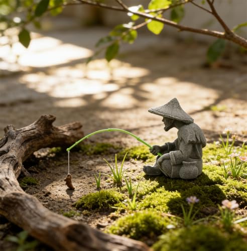livelyfish Mini Fisherman Statue Asian Zen Decoration Sitting Fishing Figurines Sandstone Vintage Ornament for Aquarium Fish Tank Pot Garden Home Japanese Decor, C - color: Yellow