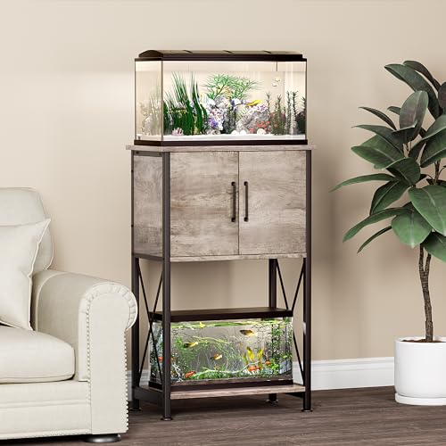 Herture 5-10 Gallon Fish Tank Stand, Metal Double Aquarium Stand with Cabinet for Fish Tank Accessories Storage, Heavy Duty 20.5" L* 11.02" W Tabletop, 500LBS Capacity Grey PG06YGZ - color: Grey, size: 5-10 Gallon