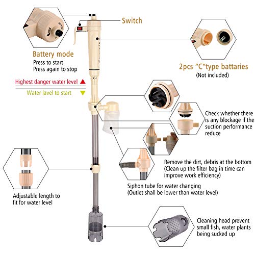 Ejoyous Aquarium Gravel Cleaner, Electric Automatic Fish Gravel Vacuum Cleaning Battery Operated Siphon Pump Water Changer for Fish