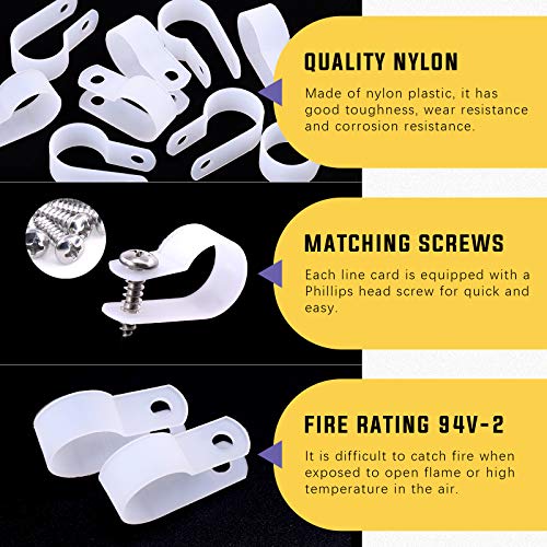 Swpeet 60 Pack White 5/8 Inch Nylon Plastic R-Type Cable Clips Clamp Kit, Nylon Screw Mounting Cord Fastener Clips with 60 Pack Screws for Wire Management (5/8 Inch, White) - color: White, size: 5/8 Inch