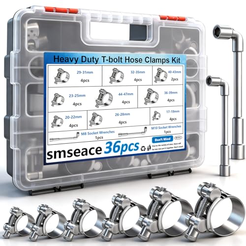smseace 36Pcs 17-47mm T-bolt Hose Clamps 304 Stainless Steel 9-sizes Heavy Duty T bolt Hose Clamps with M8 and M10 Socket Wrenches - size: 17-47mm