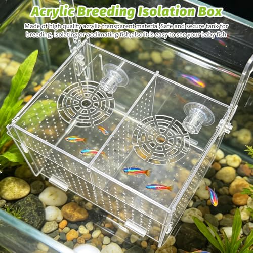 Hamiledyi Acrylic Breeding Isolation Box - Transparent Aquarium Hatchery for Guppy/Shrimp/Small Fish, Safe Nursery Tank with Air Tube & Suction Cups(7.8" × 3.9" × 3.9") - size: M(7.8" 3.9" 3.9")