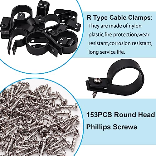TWTADE 306PCS Black Cable Clamps Nylon Plastic R-Type 6 Sizes 3/16'' 1/4'' 3/8'' 1/2'' 3/4'' 1'' Cable Mounting Wire Clips Assortment Kit with Screws for Wire Management H-049 - color: Black-306PCS