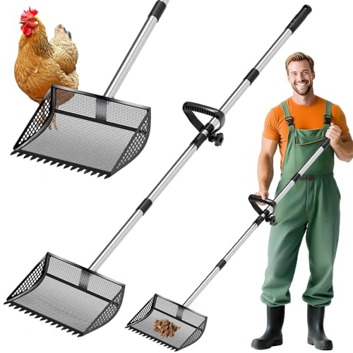 Chicken Poop Scooper Rake 2-in-1,304 Stainless Steel Shovel Head, Chicken Litter Scoop with Handle for Chicken Coop for Sand, Pet Waste Cleaning, Litter Sifting Shovel (35 to 65") (Black, 12inch) - color: Black, size: 12Inch