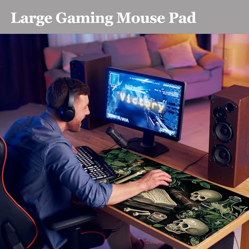 Gothic Botanical Desk Pad, Library Skull Large Gaming Mouse Pad, XXL Desk Mat Anti-Slip Waterproof Big Mousepad with Stitched Edges, Keyboard Mouse Mat for PC, Laptop, Work, Office, Home - color: Gothic Dark Lab Botanical, size: 31.5" x 15.7"