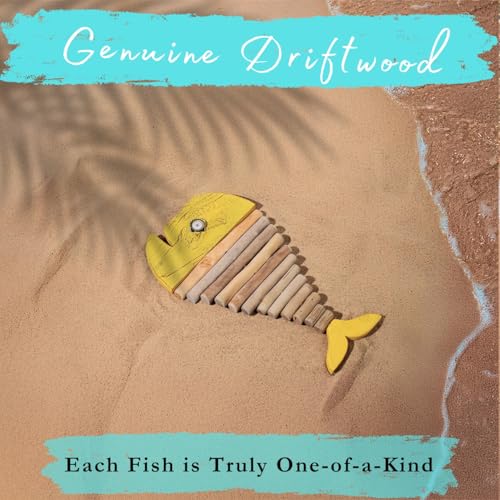 Driftwood Fish Nautical Wall Decor - Handmade Wooden Rustic Coastal Wall Art for Living Room, Bedroom, Office, Bathroom - Ocean Beach Decoration (Goldie)