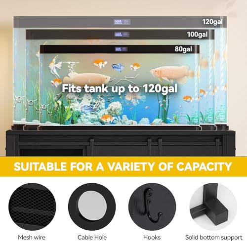 DWVO 120 Gallon Aquarium Stand with Power Outlets, Heavy Duty Metal Fish Tank Stand & Cabinet, Reptile Terrarium Table with 1100LBS Capacity for Aquarium Accessories Storage, Black
