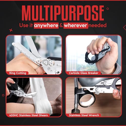 Heavy Duty 6 in 1 Multipurpose Emergency Trauma Shears Scissors with Holster, Outdoor Camping Rescue Tools with Glass Breaker, Strap Cutter Stainless Steel Foldable Scissors Pliers - color: Purple
