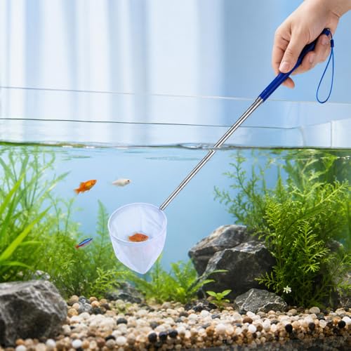 Aquarium Fish Net, Aquarium Shrimp Net 4 Inch Small Fish Tank Shrimp Net with 8.6" to 39" Long Extendable Stainless Steel Handle Round Fine Mesh Aquarium Debris Cleaning Tools