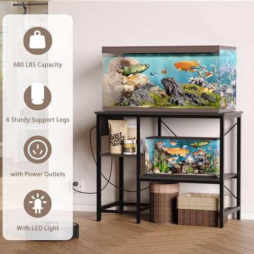 BEURUKU 40-50 Gallon Fish Tank Stand with Power Outlet & LED Light, Metal Aquarium Stand with 3 Tier Adjustable Storage Shelves, Tank Stand for Reptile Tank, Turtle Tank, 36" L*18.5" W, Black - color: Black, size: 40-50 Gallon