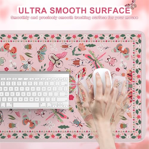 iCasso Pink Desk Pad Mat, XXL Large Mouse Pad, Desk Matt for Desktop, Anti-Slip Big Mousepad with Stitched Edges, Mouse Mat for Computer(Pink) - color: Butterfly-pink