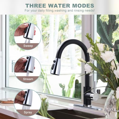 Black and Chrome Kitchen Faucet with Sprayer, WOWOW Stainless Steel Kitchen Sink Faucet High Arc Utility Sink Faucet 1 or 3 Hole, Kitchen Tap for RV, Laundry, Bar - color: Black & Chrome, style: Kitchen Faucet
