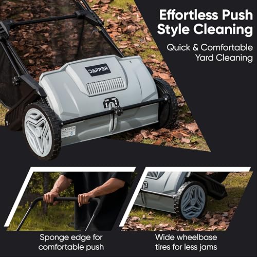 Dapper Supply 21-Inch Push Lawn Sweeper, Grass, Lawn and Leaf Cleanup Collector with Large 3.5 cu. ft. Hopper Bag, Durable Wheels, and Dual Spinning Brushes, Grey