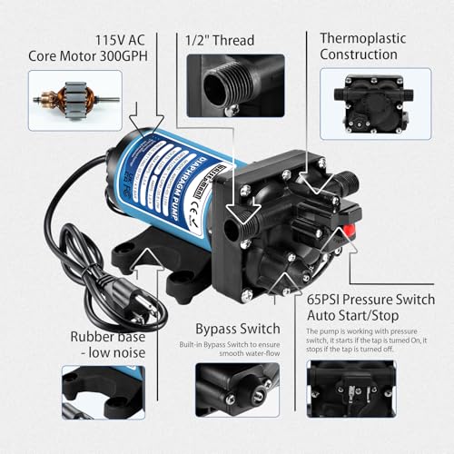 WASSERMANN 115V AC Water Diaphragm Pump,5.5GPM 65PSI 1/2" NPSM,Self-Priming Fresh Water Pressure Booster Pump,Pressure Switch, for Garden Kitchen Bathroom RV Marine Camper - color: Blue3
