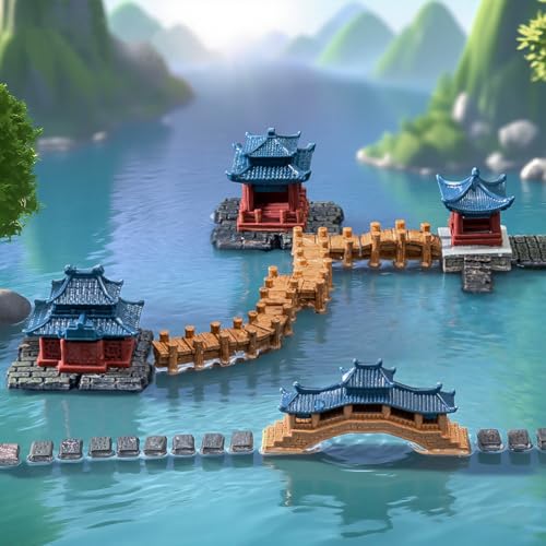 12 Pcs Chinese Miniature Garden Decor Set, Mini Plastic Pavilions Bridge Figurines for DIY Craft Micro Landscape Decor, Fairy Garden Accessories, Bonsai Terrarium Pond Lawn Ornaments