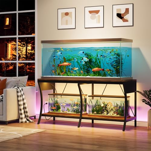55-90 Gallon Fish Tank Stand with Power Outlets, 2-Tier Aquarium Stand with LED Light Strip & Open Storage Shelves, Heavy Duty Metal Table for Reptile Tank, 1150 LBS Capacity - color: Brown and Black