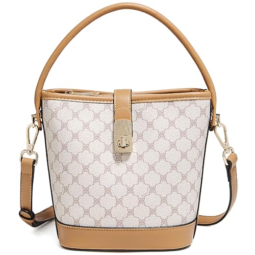 FOXLOVER Coated Canvas Bucket Crossbody Bags for Women Top-Handle Handbags Small Satchel Purse Trendy Twist Lock - color: White