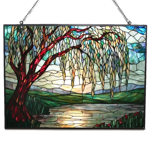 Art Nouveau Willow Pond Tree Stained Glass Window Hanging, Colorful Sun Catchers Glass Panel Rectangle Suncatcher Decor for Birthday for Women, Men, Wife, Aunt, and Mom 15"x11" - color: Art Nouveau Willow Pond Tree 2, size: 15x11 IN