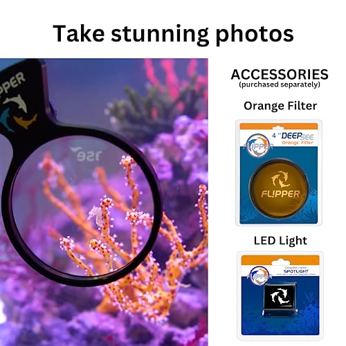 Flipper DeepSee Aquarium Magnifier Magnetic Viewer, Orange Filter Lens & Rechargeable LED Spotlights – Fish Tank Magnifying Glass – Flipper Fish Tank Accessories, 5"