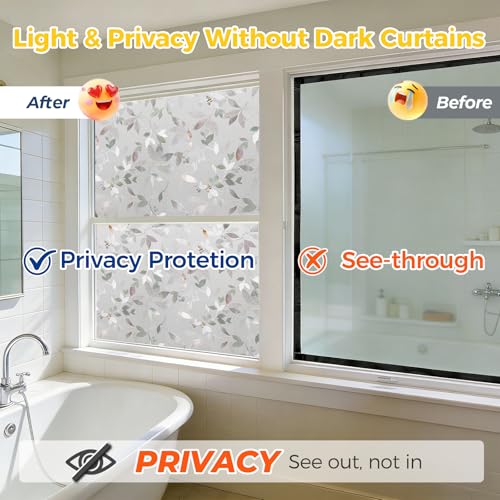 OHTMERU Window Privacy Film Decorative for Front Door, Bathroom Static Cling Stained Glass Sticker Opaque Heat Control UV Blocking Non-Adhesive for Home Windows, Magnolia - color: Magnolia, size: 17.5 x 78.7 inches
