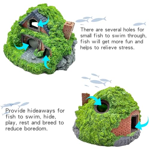Tfwadmx Fish Tank Hobbit Decorations,Resin Small Fish Cave Hideout House,Aquarium Decor Hide Hole Shelter Hut Ornaments Mini Garden Decorating Accessories - color: Green-5.5 X 5.3 X 3.5 Inches