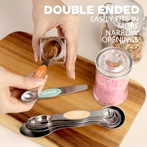 ChefAide Pack of 8 Stainless Steel Magnetic Measuring Spoons Set, Dual Sided, Stackable, Adjustable Teaspoon and Tablespoon Measure Spoon with Leveler, Kitchen Gadgets - color: Multicolor-3, size: Magnetic Measuring Spoons