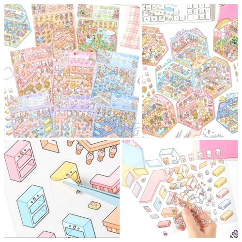 8 Sets Cute DIY 3D House Stickers with Tweezers,Fun 3D Sticker Scene Make Your Own Mini Cartoon Zoo Aquarium Library Coffee House Stickers for Gifts Therapy for Adult Relief Stress Pass The Time