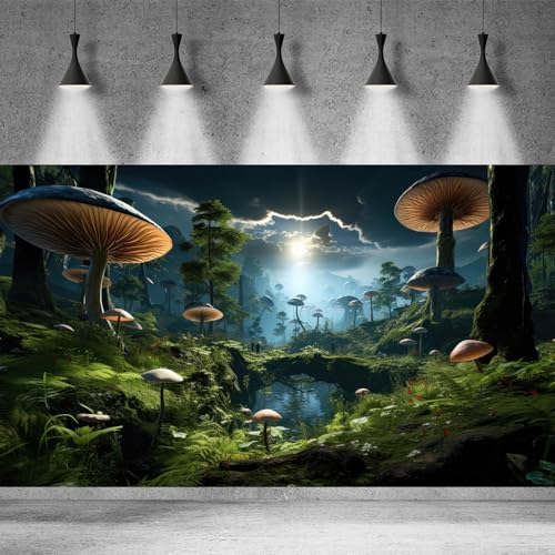 Fantasy Mushrooms Landscape Aquarium Background Tranquil Stream Cloudy Sky Terrarium Background Lush Green Tropical Plants Trees Fish Tank Backdrop Decoration Tank Background Poster 30x12in - color: Green Grey, size: 30(W)x12(H)in