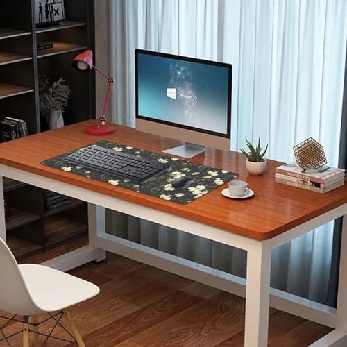 Magnolia Flowers Desk Pad Mouse Pad,Large Floral Mouse Mat with Stitched Edges,Non-Slip Rubber Base Black Mousepad for Office PC Keyboard Laptop and Home Work Desk Mat(27.5X11.8 in) - color: White flowers
