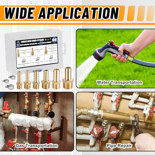 22Pcs Brass Hose Fittings, 3/8" Barb to 1/4" NPT, 1/4" Barb to 1/4" NPT Male, 1/8" 1/4" 3/8" 1/2" Barbed Air Hose Kit with 44Pcs Pipe Hose Clamps - size: 22pcs barb adapter