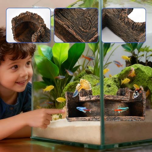 Aquarium Cave Underground Resin Stump Dual Hole Hideout Fish Tank Cave View Fish & Shrimp in Natural Corner Tunnel (Size:5.1×5.1×2.8")