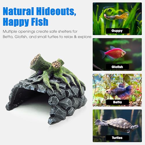 Aquarium Decor, Betta Fish Tank Accessories with Plants, Turtle Tank Decorations, Large Aquarium Ornaments, Fish Hideout, Decorative Accessories for Freshwater & Saltwater Tanks (Tree cave) - color: Tree Cave