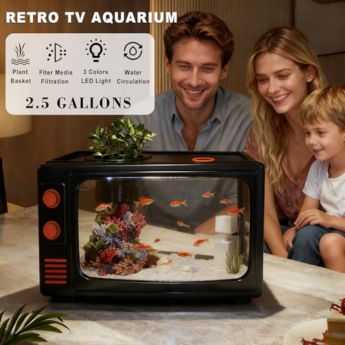 2.5 Gallon Fish Tank Kit with LED Lights, Filter & Plant Planter - Retro TV Decorative Fish Tank for Office Desk Home Decor,Mini Aquarium Starter Kit for Betta Fish (Black - 2.5 Gallon) - color: Black - 2.5 gallon