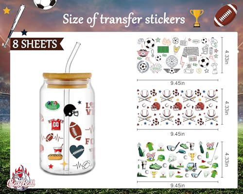 Rngmsi UV DTF Cup Wraps for 16 oz - 8 Sheets Sports UV DTF Cup Wrap, Rugby Baseball Football Basketball Uvdtf Decals, Waterproof Rub on Transfer Stickers for Glass, DIY Wood Crafts - style: Sports