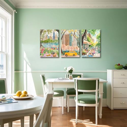 XLARTMY New York City Poster Travel Wall Art Canvas Framed Watercolor NYC Central Park Landmarks Artwork Decor Painting Prints Pictures Set of 3 for Bedroom Living Room Bathroom Office 16x24in - color: Watercolor City, size: 16x24in Canvas