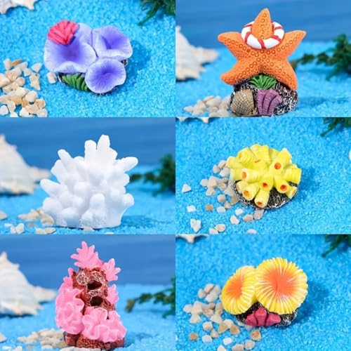 Coral Fish Tank Decorative Ornaments, Mini Small Underwater Accessories for Fish Tank Decoration, Starfish & Coral DIY Ornaments (6 Pieces)