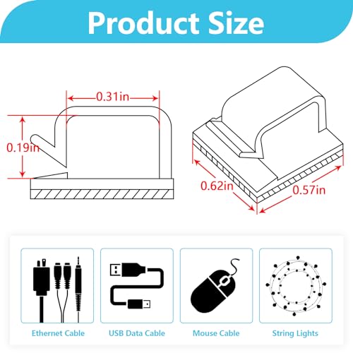100PCS Adhesive Cable Clips, Wire Holder Organizer, Cord Management, Cable Staples, Christmas String Lights, White, Small