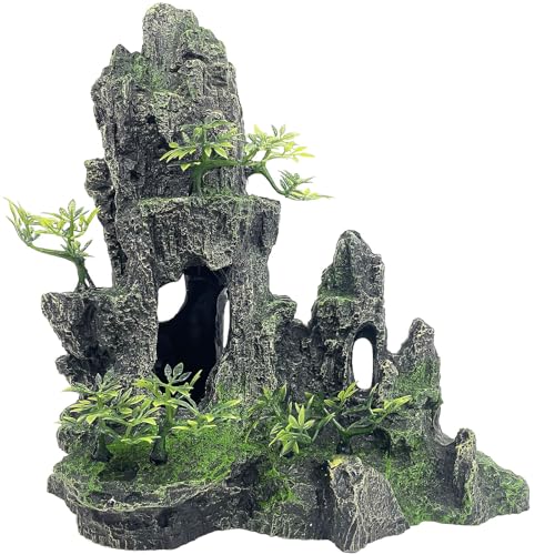 Aquarium Decorations Large and Tall Large Aquarium Decoration for Fish Tank Decorations Fish Tank Ornaments Mountain View Stone Ornament Tree Rock Cave Artificial Fishtank Ornament - color: Black Mountain View, size: Large - Mountain View