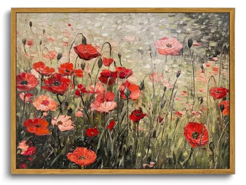 OIQArtOIQ Vintage Landscape Canvas Wall Art Framed Natural Scenery Painting Artwork Prints France Country Wilderness Farmhouse Decor Pictures Kitchen Bedroom Living Room Bathroom - color: Corn Poppy, size: 12x16 in