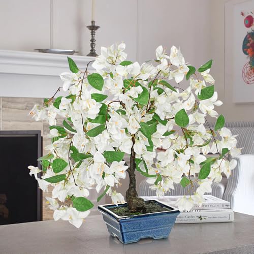 Briful Artificial Bougainvillea Tree in Blue Pot 18.5" Tall Faux Bougainvillea Floral Tree Tropical Silk Fake Bougainvillea Plant for Home Office Living Room Table Décor(White) - color: White 18.5in, size: 1ft 4in
