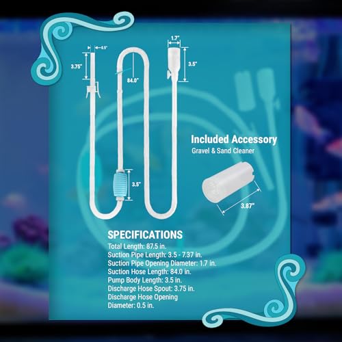 TERA PUMP Exceptionally Long Hose 120 in, Water Flow Controller/Two Filter Nozzles/Secure Clip/XL Original Siphon Vacuum Aquarium Gravel (Long Nozzle) N Sand Cleaner (Short Nozzle) - BPA Free