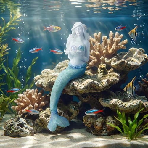 Unique Mermaid Aquarium Decorations - Resin Fish Tank Décor Thematic Ornaments, Waterproof & Non-Toxic Mermaid Statue for Enchanting Aquarium Display, Item (Blue)