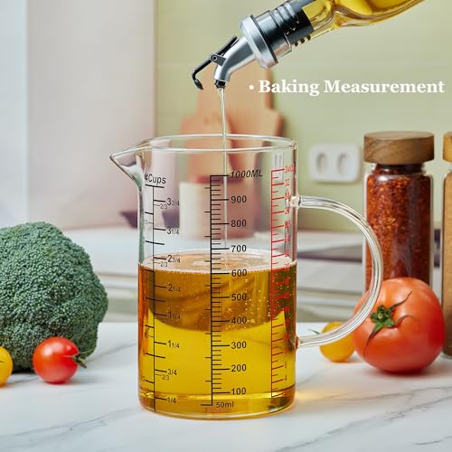 Ackers BORO3.3 Glass Measuring Cup-[Insulated handle | V-Shaped Spout]-Made of High Borosilicate Glass Measuring Cup for Kitchen or Restaurant, Easy to Read, 1000 ML (32 Oz, 4 Cup) - size: 1000ml/32OZ