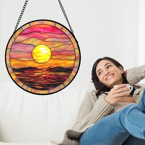 DASTOLL Stained Glass Window Hanging, Sunrise Sea Surface Sun Catchers Diamond Glass Panel Hangings Abstract Suncatcher Decor for Birthday for Women, Men, Wife, Aunt, and Mom 14.9 in - color: Gold, size: 14.9x14.9 IN