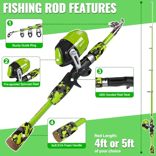 PLUSINNO Kids Fishing Pole with Spincast Reel Telescopic Fishing Rod Combo Full Kits for Boys, Girls, and Adults - color: Green, size: 4FT / 1.2M