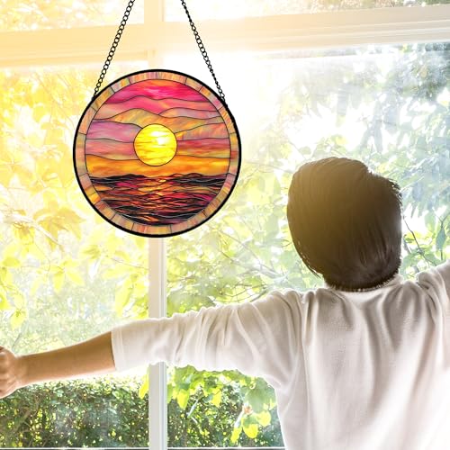DASTOLL Stained Glass Window Hanging, Sunrise Sea Surface Sun Catchers Diamond Glass Panel Hangings Abstract Suncatcher Decor for Birthday for Women, Men, Wife, Aunt, and Mom 7.8 in - color: Gold, size: 7.8x7.8 IN